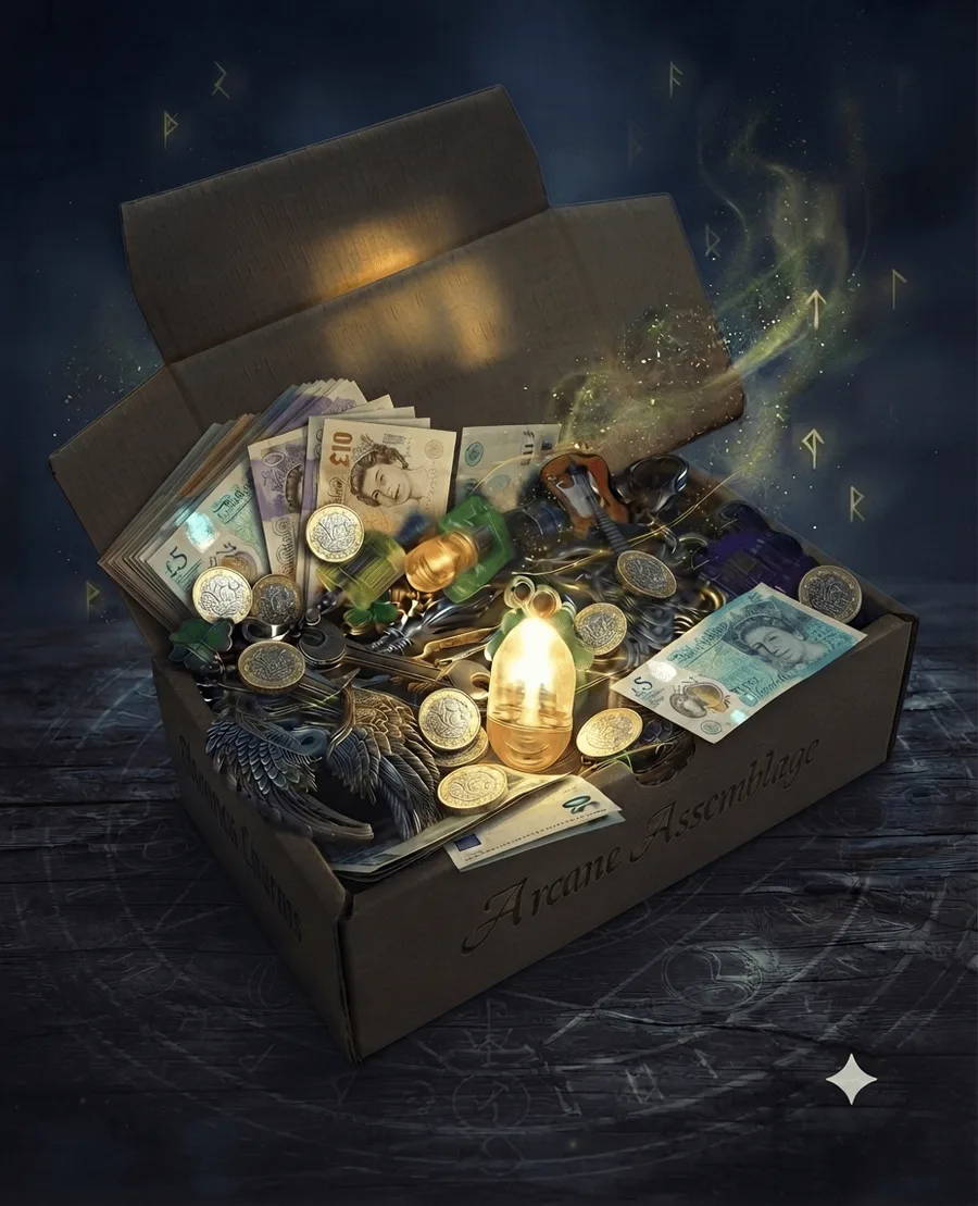 An open Lucky Light Box crammed with banknotes, pound coins, brass keys and angel wing charms around a glowing light capsule, gold dust rising from it