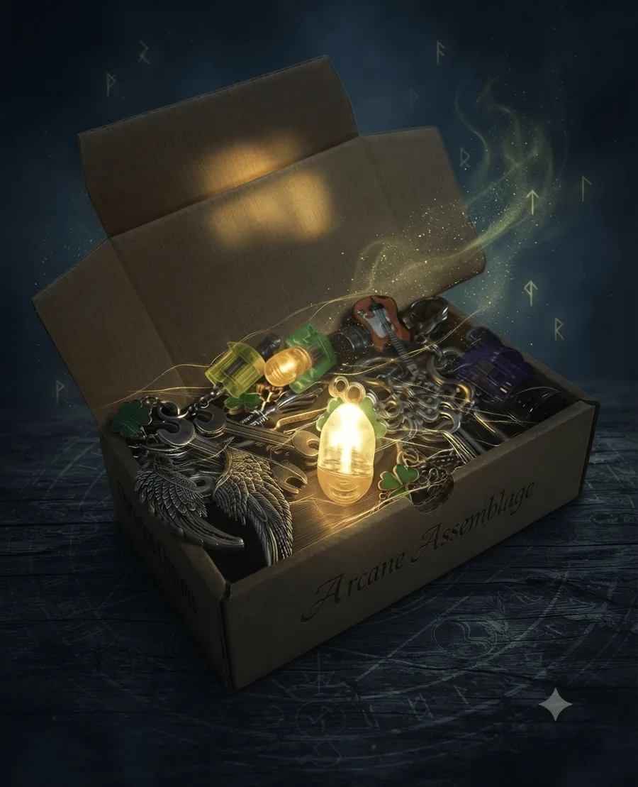 An open Lucky Light Box filled with brass charms, clover and angel wings around a glowing light capsule, gold dust rising from it